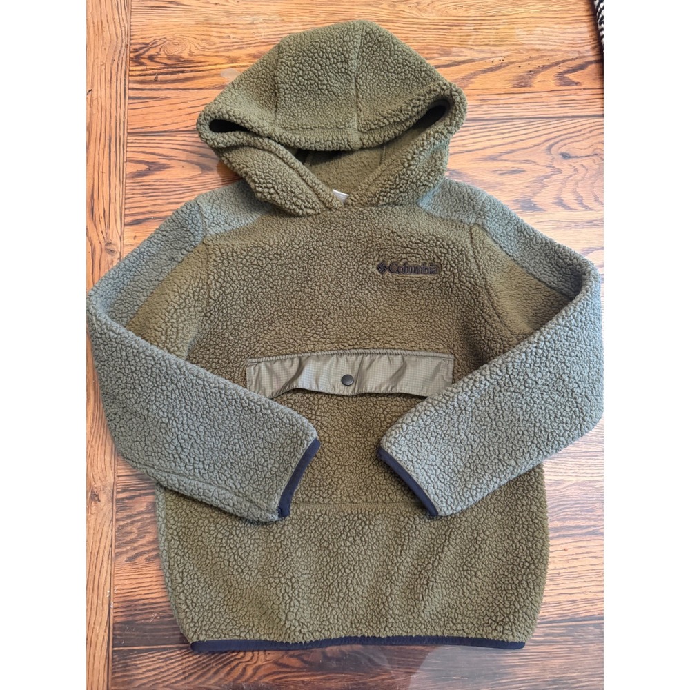 Columbia Fleece Hoodie Kids XS Green Sherpa Pullover Anorak Pocket